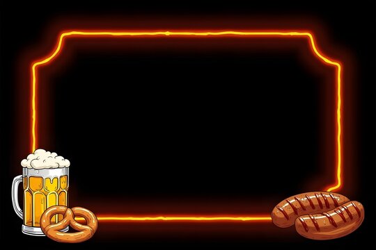stylized neon Frame background with illustration mugs of beer, pretzel snack and grilled sausage on black background