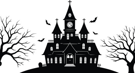 Haunted House Silhouette with Clock Tower, Gravestones, Twisted Trees, and Flying Bats for Halloween, Gothic, and Spooky Vector Design Projects