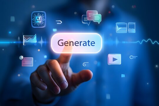 Hand pressing a glowing generate button surrounded by digital icons