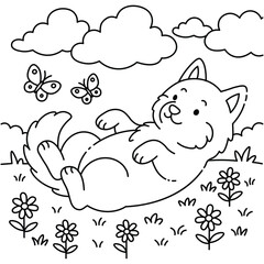 Fluffy Dog Lying on Back in Meadow – Hand Drawn Puppy Illustration for Kids