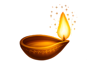 Traditional oil lamp diya with burning flame isolated on white background illustration