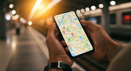 Navigating city transit using mobile maps train station digital guide urban setting view