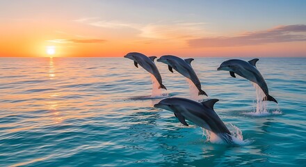 Dolphins Leaping Sunset.