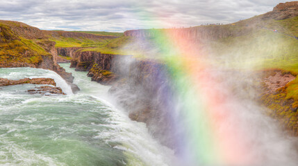 Panoramic view of Gullfoss waterfall on the Hvíta river, a popular tourist attraction and part of the Golden Circle Tourist Route in Southwest Iceland