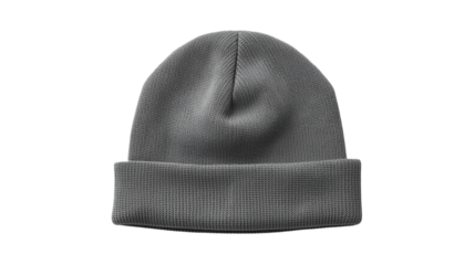 A dark gray knitted beanie hat with a folded brim, presented isolated on a transparent background, perfect for cold weather fashion