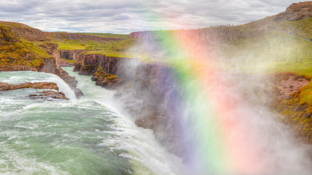 Panoramic view of Gullfoss waterfall on the Hvíta river, a popular tourist attraction and part of the Golden Circle Tourist Route in Southwest Iceland - Powered by Adobe