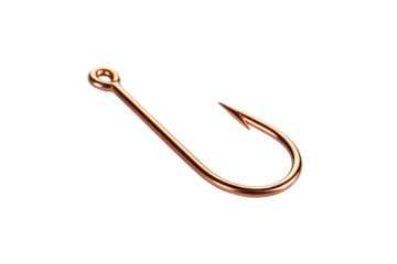 Copper fishing hook with barbed point and circular eye, angling gear equipment isolated on a transparent background