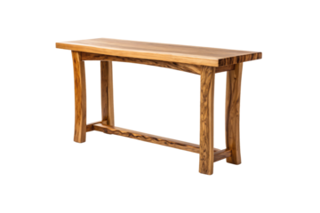 Rustic wooden console table with cross-beam support, natural wood grain furniture isolated on a transparent background