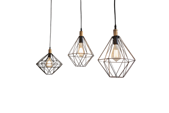 Three varied geometric pendant lights with Edison bulbs, mixed size industrial lighting isolated on a transparent background