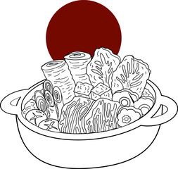 Traditional Japanese ramen and wave for restaurant printing on wallpaper.Ramen vector illustration for doodle art.Sunrise with chopsticks vector for painting on background.Elements set of Hotpot.