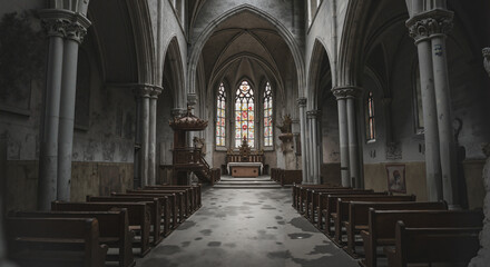 Fototapeta premium Abandoned church interior with wooden pews and stained glass windows 