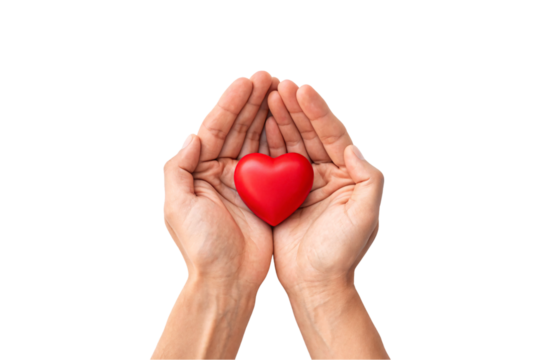 Cupped hands forming protective shelter around red heart, caring and nurturing gesture symbolizing love and protection, isolated on a transparent background