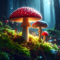 Rain-drenched mushrooms in a mystical forest