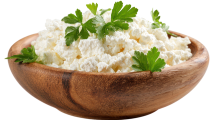 Fresh cottage cheese topped with parsley in a wooden bowl