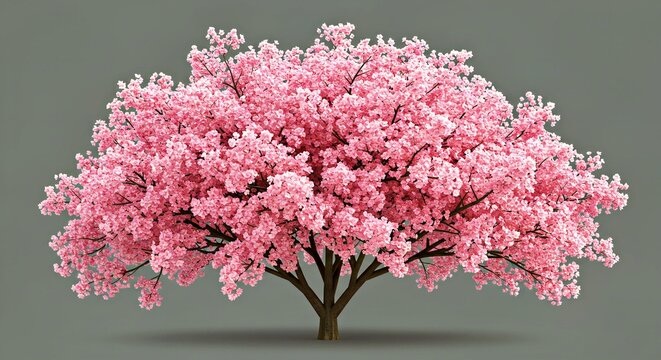 Realistic 3D cherry blossom tree PNG with pink flowers, isolated