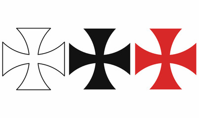 cross pattee or cross patty, also known as a cross formee,cross formy symbol set in outline, silhouette and red style, heraldic medieval cross, templar emblem, gothic religious sign used in design.