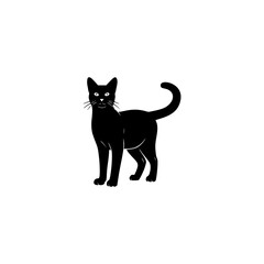 Silhouette of a black cat walking with its tail up.