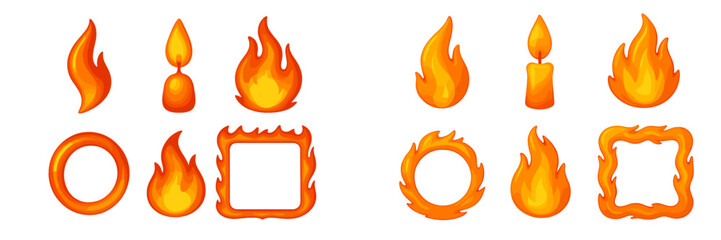 Colorful collection of flame and fire icons in bright orange and yellow tones for design projects