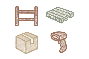 Wooden pallet and barcode scanner are essential tools for packaging and logistics in warehouses, featuring boxes and pallets in a simple design