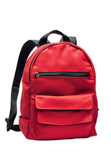 Fototapeta premium Red backpack with black straps isolated on transparent background