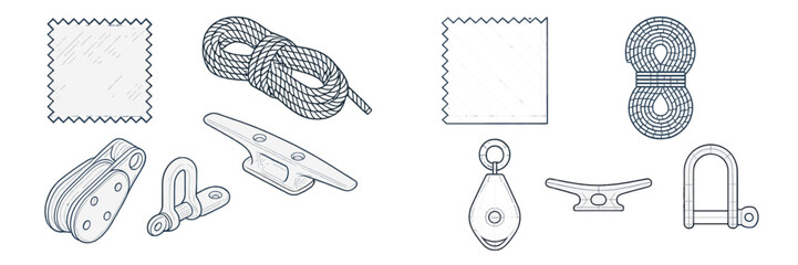 Various marine hardware components including ropes, cleats, and pulleys for boating applications
