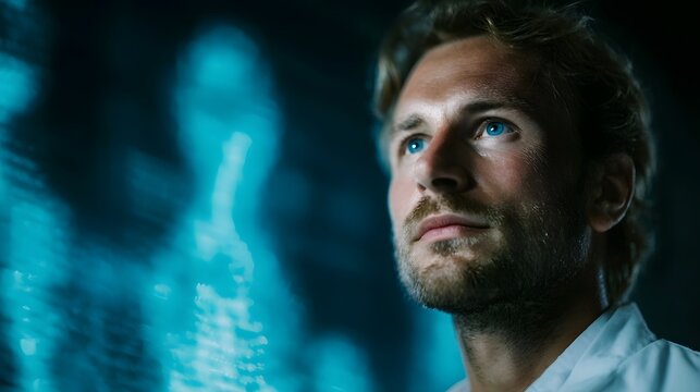 Scientist in a futuristic laboratory examines a DNA helix projection with focus and determination