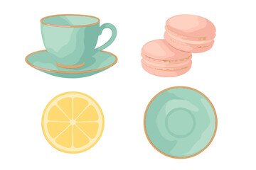 Bright pastel tea set with macaroons and lemon illustrations inviting a fresh afternoon mood