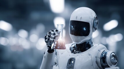 Advanced robotic scientist holds a beaker of liquid symbolizing innovation and discovery in a modern laboratory setting