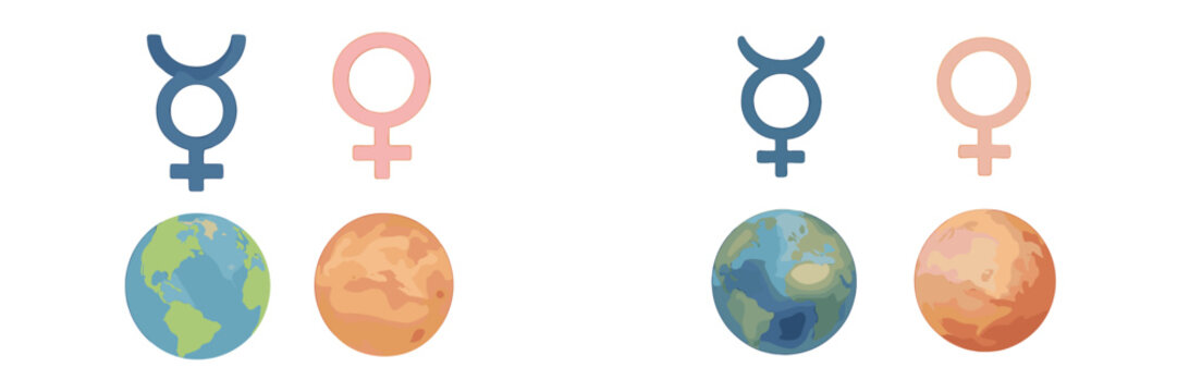 Symbols of planets showing gender representation and astrological significance in a creative artistic design