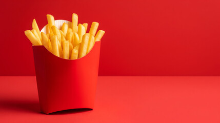 Crispy Golden French Fries in a Red Container on a Vibrant Red Background