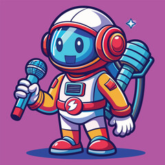 Obraz premium A cheerful cartoon astronaut in a white and orange spacesuit, holding a microphone, stands ready for a cosmic karaoke session. Perfect for music, space, and fun themes.