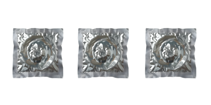 Condoms: A close-up shot of three individually packaged condoms, symbols of safety, responsibility, and intimacy, showcasing a commitment to health
