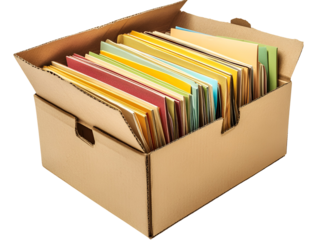 Cardboard box filled with colorful files isolated on transparent background