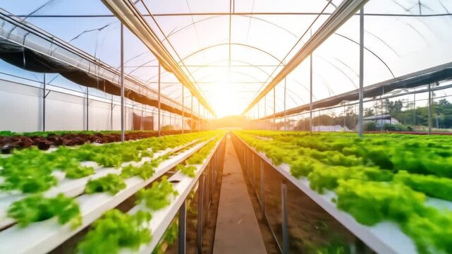 Hydroponic Lettuce Farm Greenhouse Sunlight Perspective