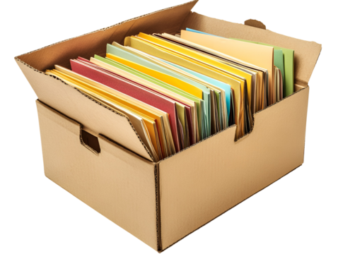 Cardboard box filled with colorful files isolated on transparent background