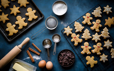 Christmas Cookie Baking Scene with Unbaked Dough, Decorated Gingerbread Shapes, Stars, Trees, Candy Canes, Flour, Eggs, Butter, Cinnamon, and Baking Tools, Festive Holiday Setup on Blue Surface.