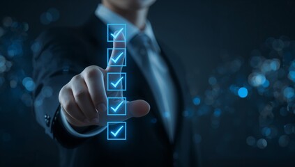 Business Professional Interacting with Verified Checklist – Symbolic Representation of Task Completion, Digital Workflow, and Progress Tracking in a Tech Environment