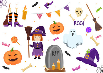 Halloween set with witch, pumpkins, ghost, skull, tombstone, bats, broom, hat, boots, bunting, candies and webs. Party mood. For invitations, cards, posters, stickers and decor.
