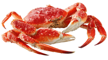 Vibrant red king crab with detailed texture against a dark background