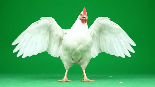 Flying white chicken with wings spread isolated on green screen background, poultry livestock animal mockup template for agriculture, design, advertising, education, and stock photography.
