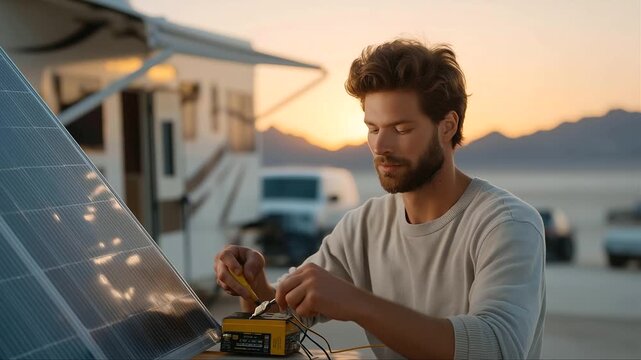 An RV traveler repairs a solar panel at a desert camp with tools clanking wires connecting a meter beeping and a sunset glowing presented in a technical photo with panel shine