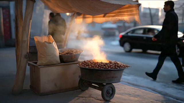 Urban winter activities unfold as a vendor sells roasted nuts from a metal cart its wheels rusted on a snowy sidewalk its concrete cracked. A paper bag its edges creased holds