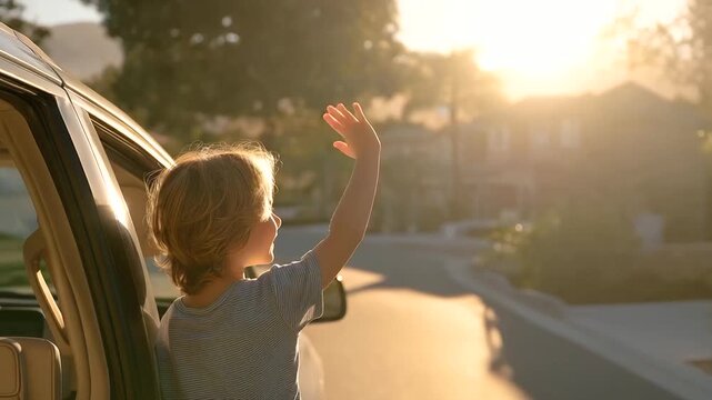 A 6 year old waves goodbye from a carpool minivan as it pulls away from a suburban driveway with sprinklers on mailboxes lined up and kids in the back giggling depicted in a che