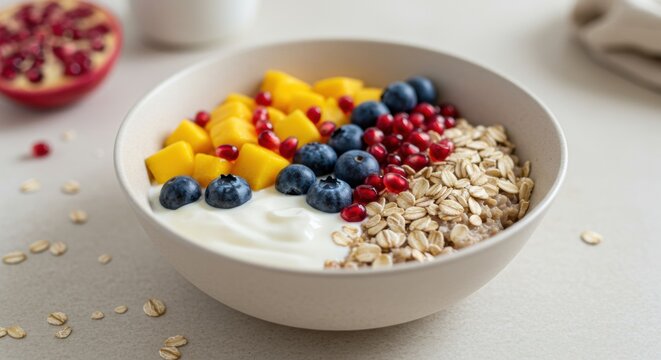 Healthy breakfast bowl with yogurt fruits and oats kitchen food bright fresh nutrition