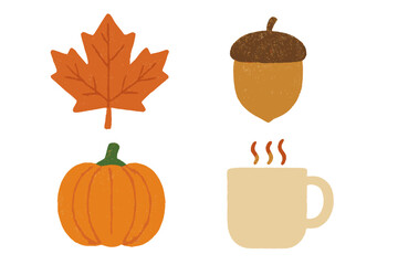 Fall-themed decoration featuring autumn leaves, acorns, pumpkins, and warm coffee cup