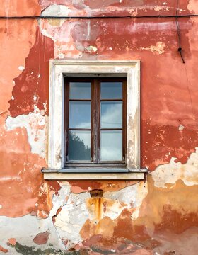 Old window on weathered wall