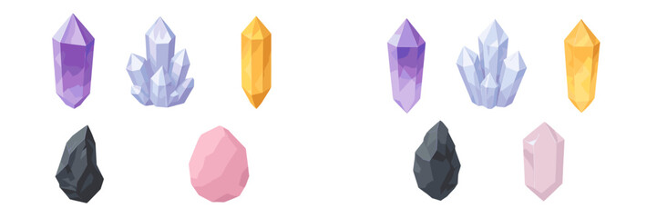 Colorful collection of various crystals showcasing different shapes and colors arranged neatly on a light background