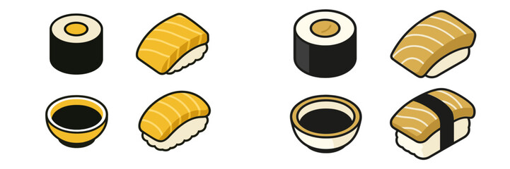 Different types of sushi including rolls and sashimi served with soy sauce in a simple setting