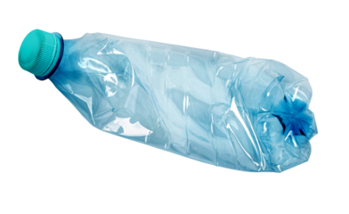 Crumpled blue plastic water bottle representing waste pollution