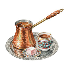 Watercolor Turkish Coffee with Pot Vector Illustration Isolated on White Background, Traditional Hot Drink Clipart for Caf&eacute;, Menu, and Cultural Design